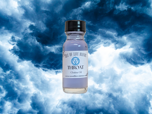 Throat chakra oil from Tree of Life Evolution on blue cloud background