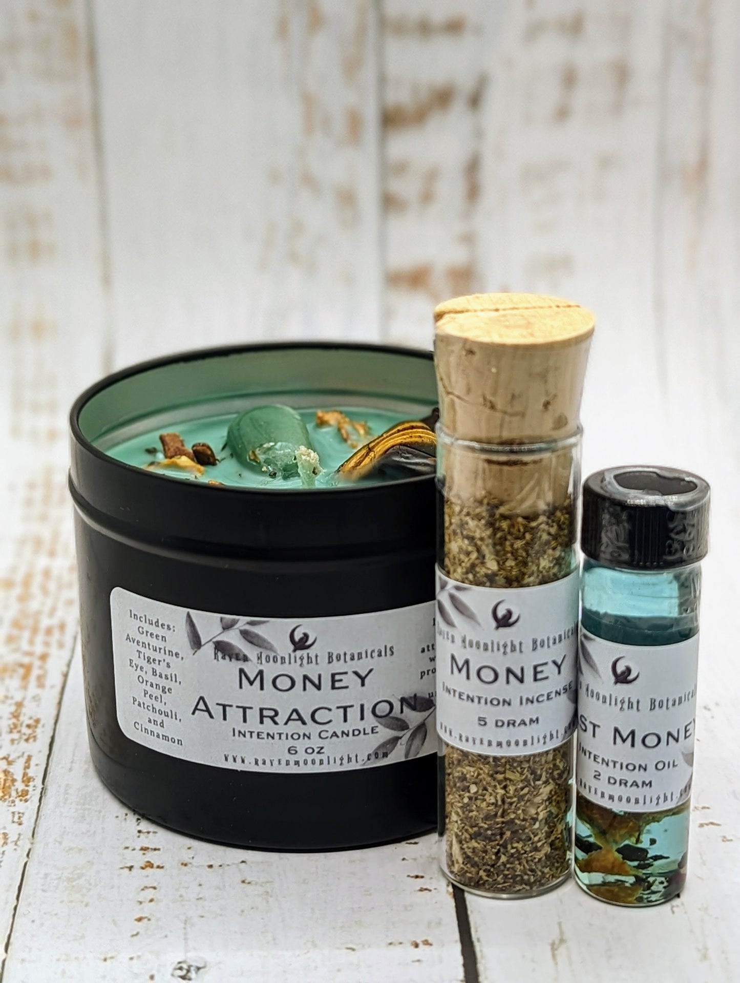 Money Attraction Kit with soy candle, mony incense, and fast money oil