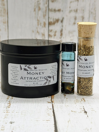 Money Attraction Kit with soy candle, mony incense, and fast money oil